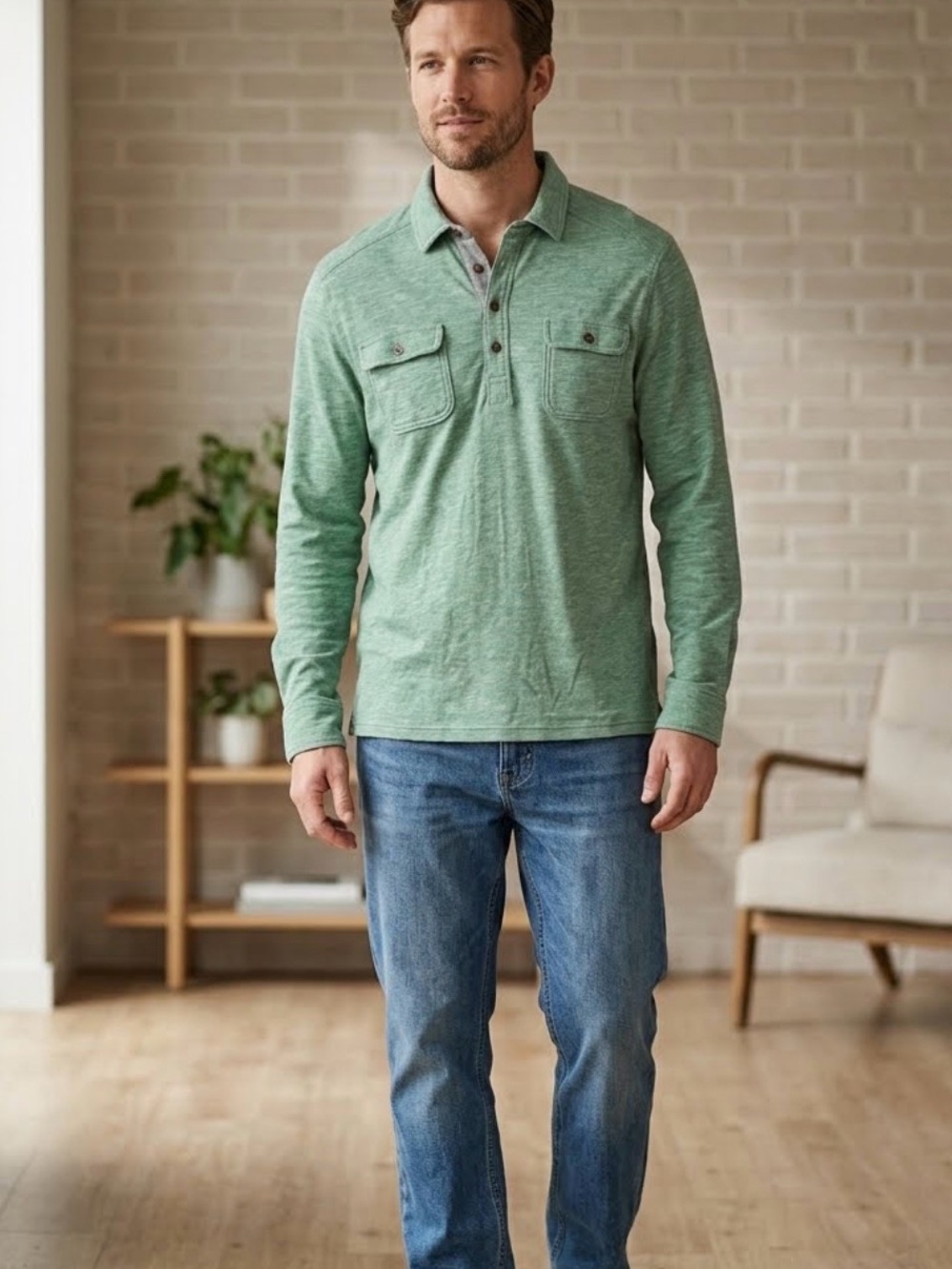 Tommy Bahama Penn Cove Long Sleeve Polo Shirt Green Heather Size M 0374